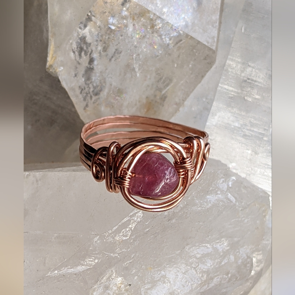 Pink Tourmaline Ring Copper Wrap Natural Gemstone Feminine Free-spirited - Picture 9 of 10
